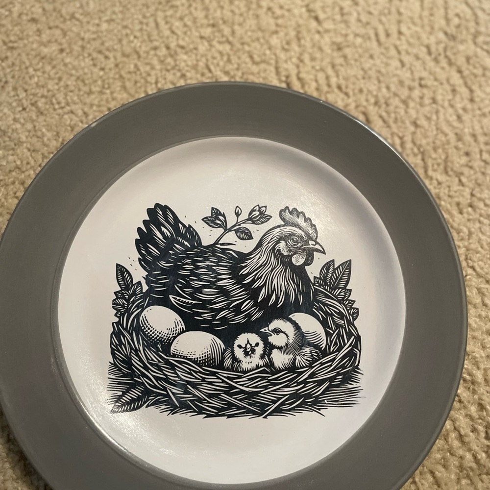 Gray and White Chicken Design Plate